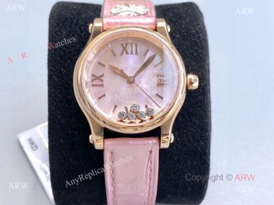 Replica Chopard Happy Sport Diamond Watch With Pink Mop Dial Pink Leather Strap